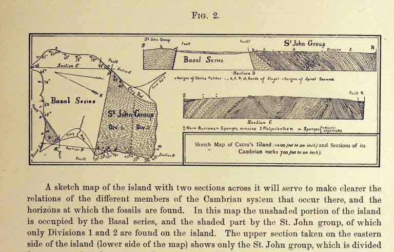 Colour image of magazine page with text and map and cross-sections of island geology