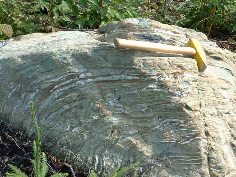 Colour photograph of gray rock with hammer for scale