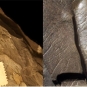 Double image couleur : roche brune avec trois bosses fossilisées et gros plan