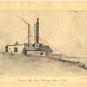 Impression noir et blanc illustrant un bâtiment dont le toit porte une cheminée et un mat surmonté d’une sirène