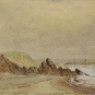 Aquarelle d’un rivage avec des couches rocheuses visibles sur la côte