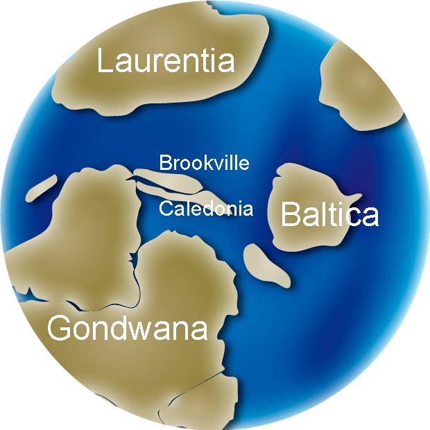 Image couleur du globe montrant le déplacement des continents Gondwana, Baltica, Laurentia, Brookville, Caledonia
