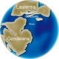 Image couleur du globe montrant le déplacement des continents Gondwana, Laurentia, Brookville, Caledonia