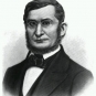 Estampe noir et blanc illustrant un homme portant costume noir, barbe et lunettes