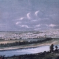 Estampe couleur illustrant un ciel très bleu, un cours d’eau et une localité au loin
